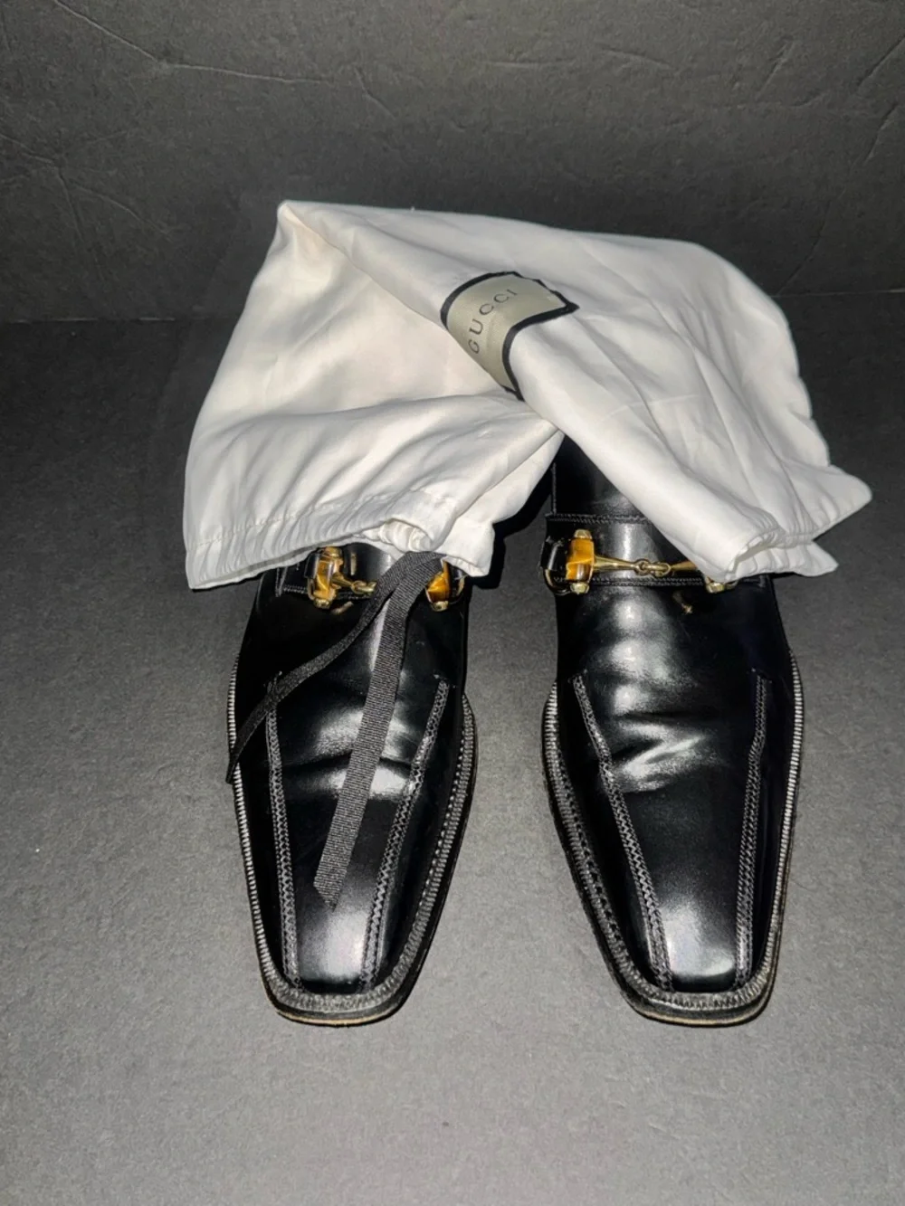 Gucci Black Leather Horsebit Square-Toe Loafers